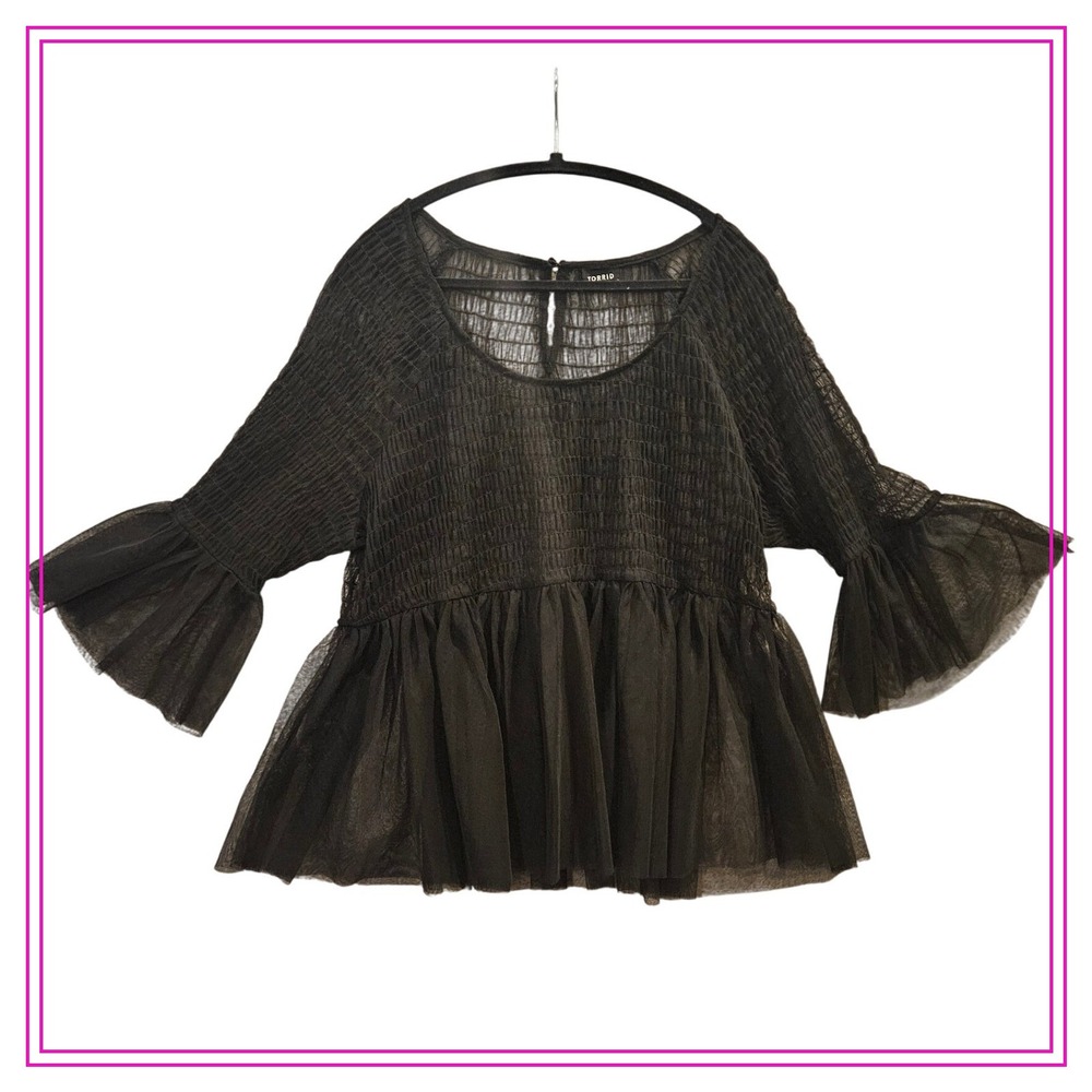 Torrid XL Black‎ Sheer Smocked Tulle Flare Sleeve Peplum Top Women Plus #468